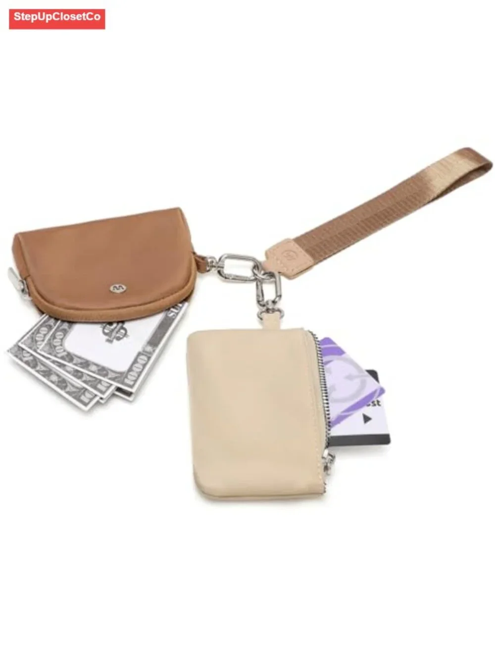 Mini Zip Around Wristlet Wallet Detachable Dual Pouch Nylon Keychain Coin Purse